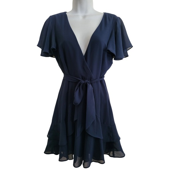 Lulus Dresses & Skirts - Lulus Navy Blue V-Neck Flutter Sleeve Tiered Ruffle Mini Dress with Tie Waist